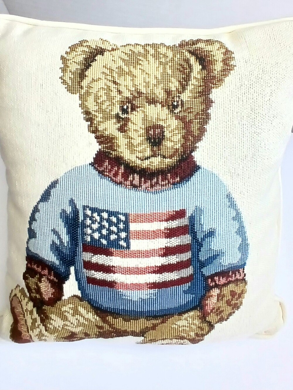 Rare Vintage Ralph Lauren Polo Bear American Flag Tapestry Throw Pillow Cream 90